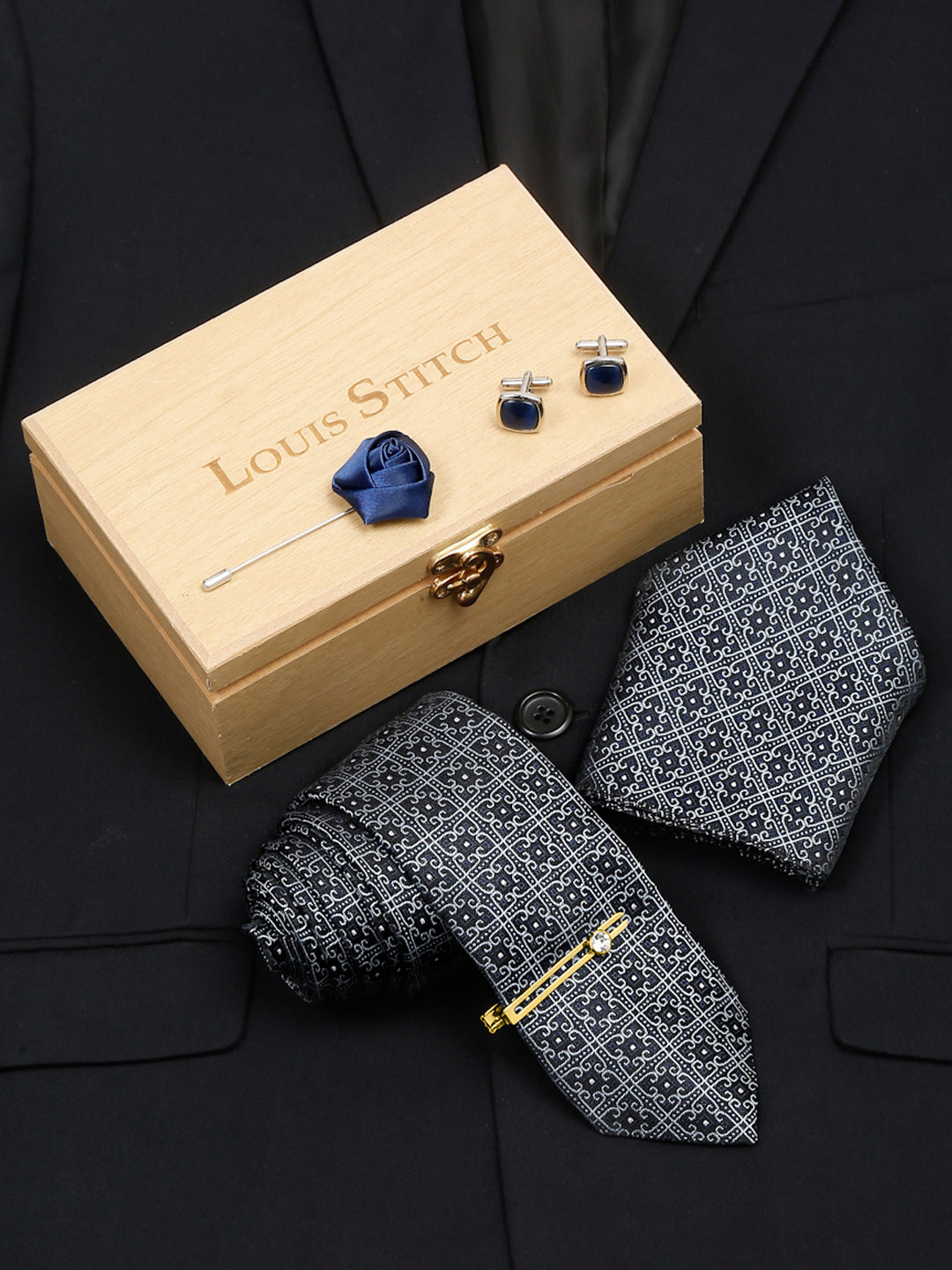 Denim Blue Italian Silk Necktie Set Pocket Square Golden Tiepin cufflinks and Brooch