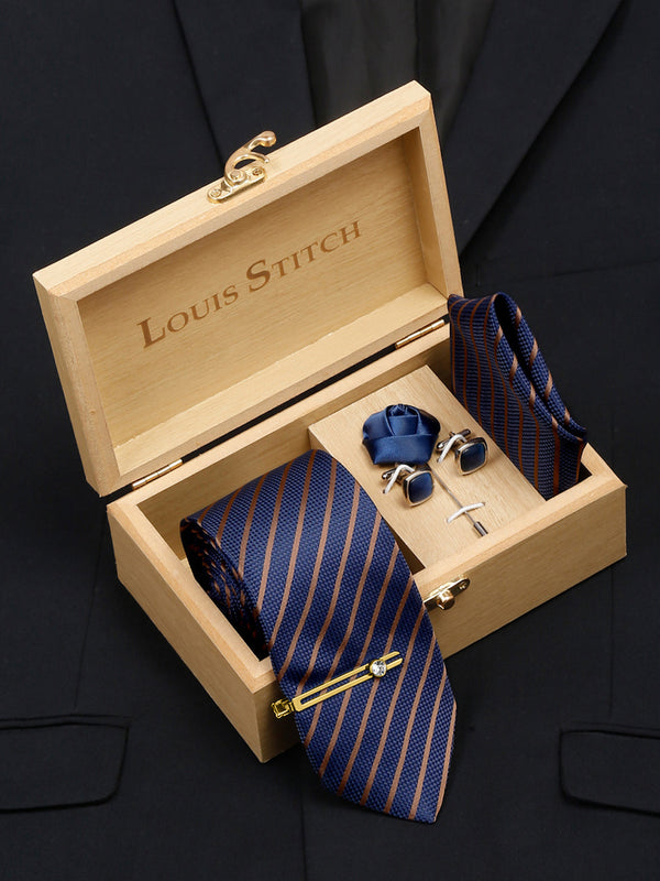 Royal Blue Italian Silk Necktie Set Pocket Square Golden Tiepin cufflinks and Brooch
