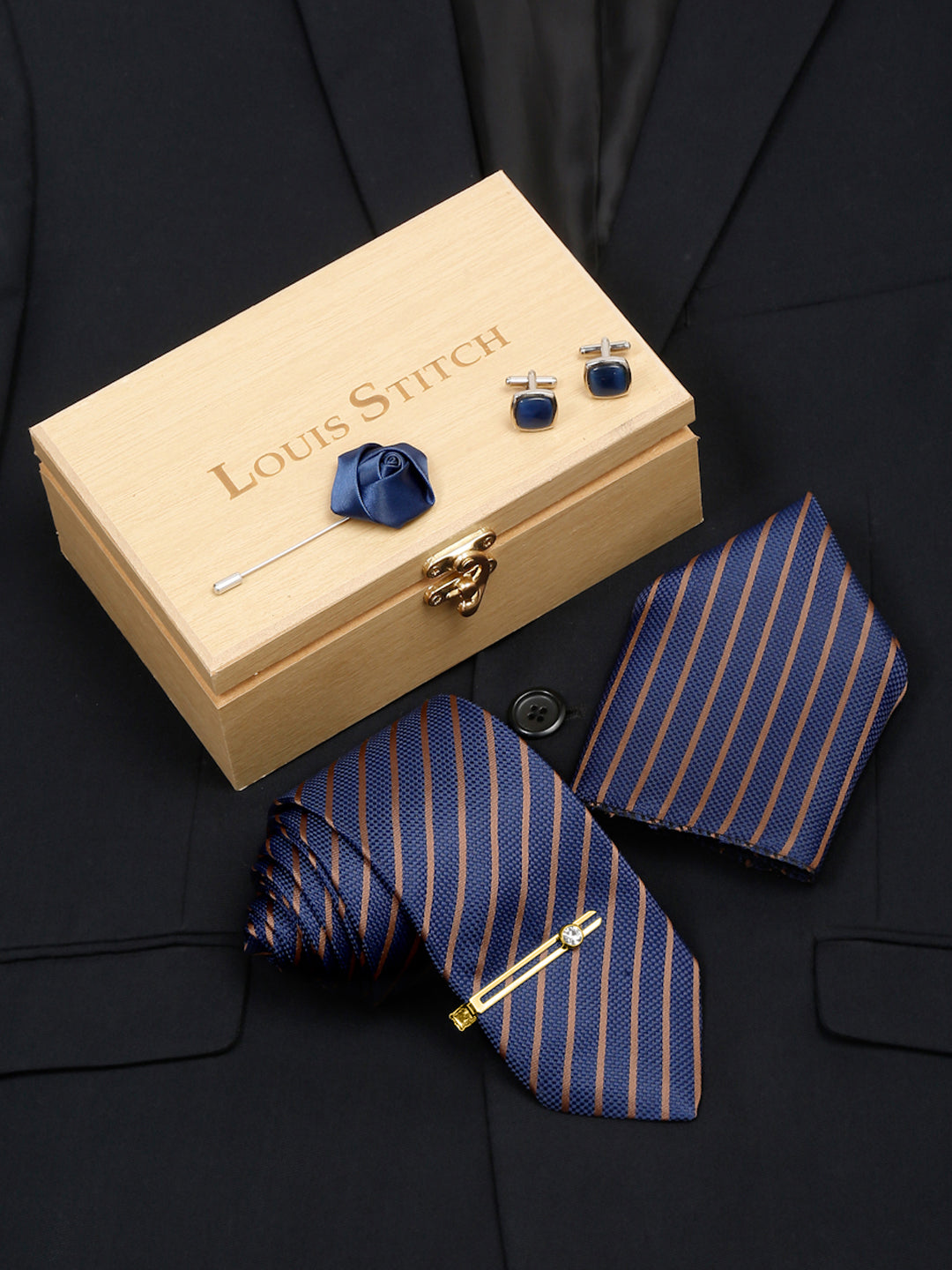 Royal Blue Italian Silk Necktie Set Pocket Square Golden Tiepin cufflinks and Brooch