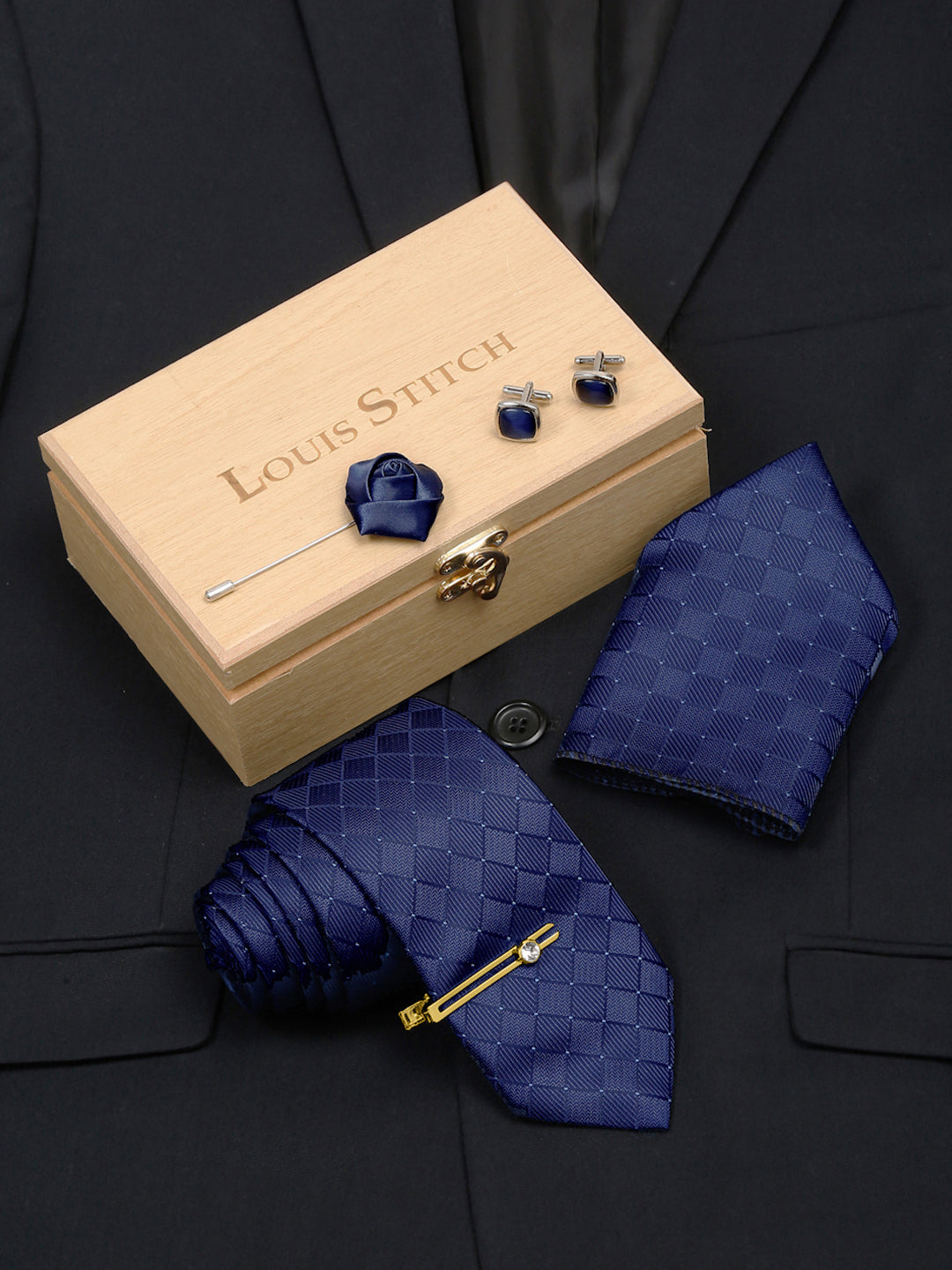Marine Blue Italian Silk Necktie Set Pocket Square Golden Tiepin cufflinks and Brooch