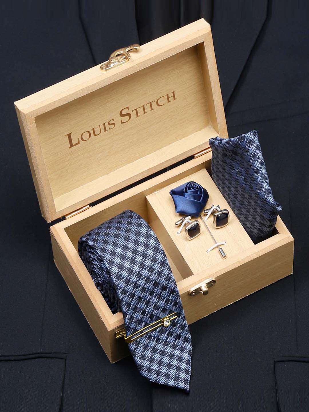 Space Blue Luxury Italian Silk Necktie Set With Pocket Square Cufflinks Brooch Gold Tie pin