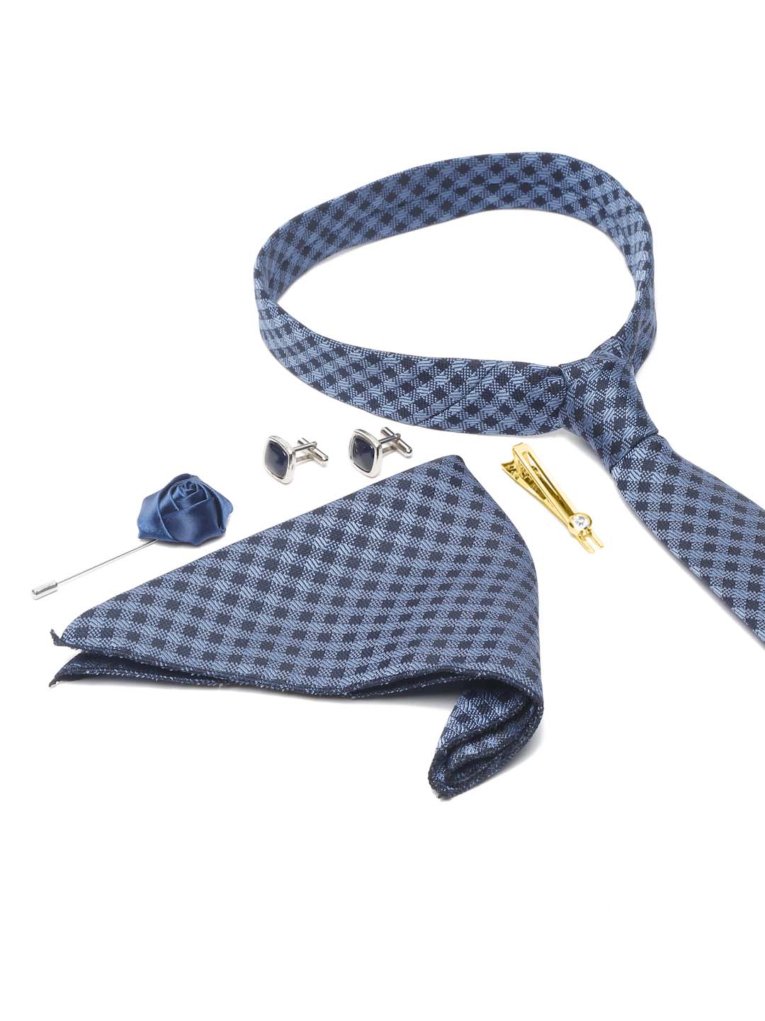 Space Blue Luxury Italian Silk Necktie Set With Pocket Square Cufflinks Brooch Gold Tie pin