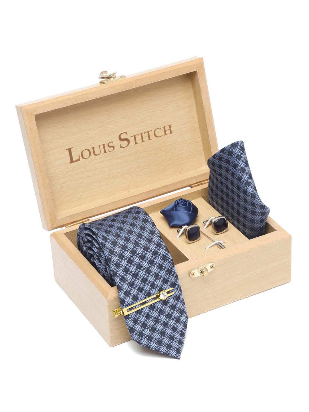 Space Blue Luxury Italian Silk Necktie Set With Pocket Square Cufflinks Brooch Gold Tie pin