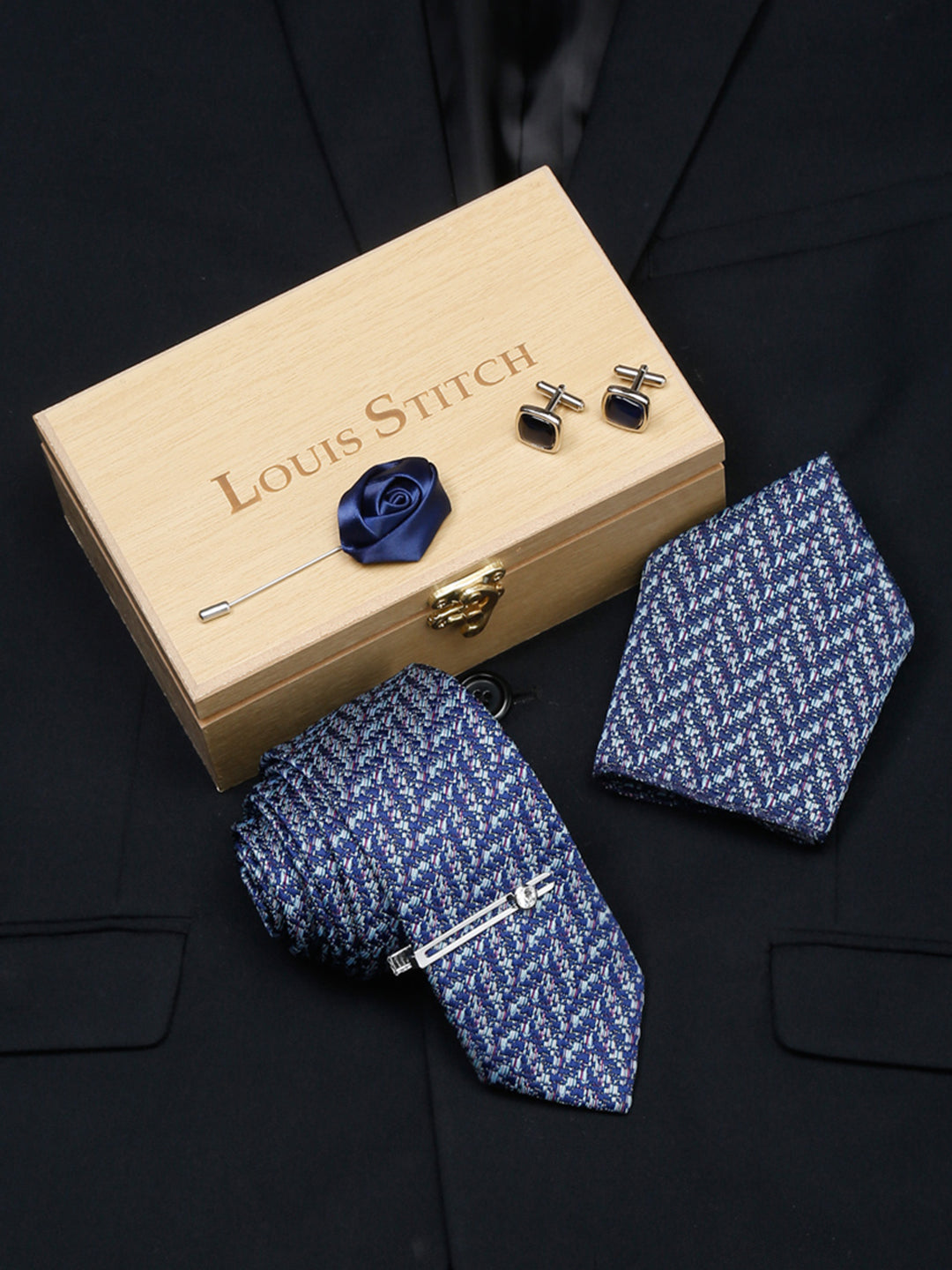 Pigeon Blue Luxury Italian Silk Necktie Set With Pocket Square Cufflinks Brooch Chrome Tie pin