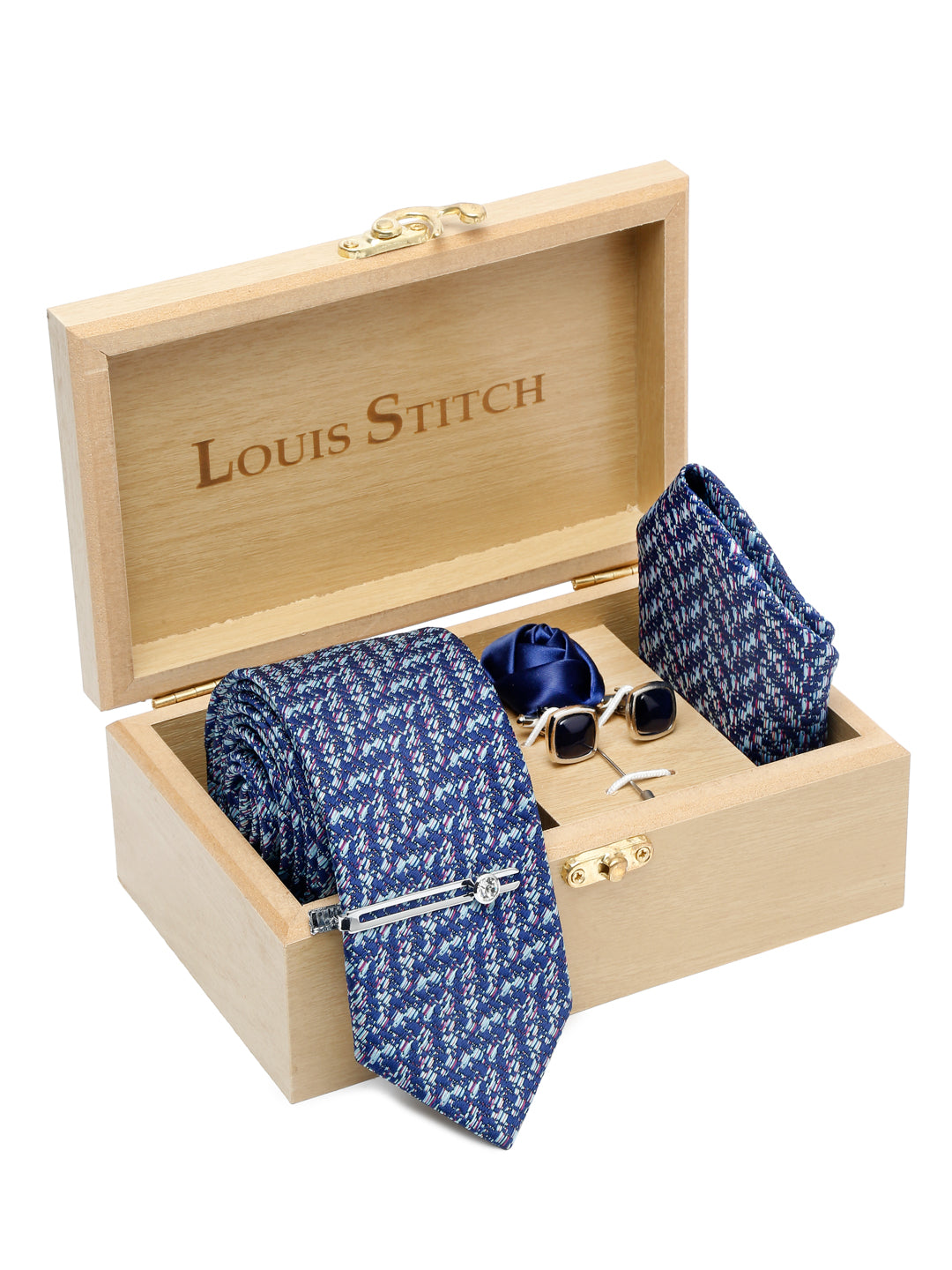Pigeon Blue Luxury Italian Silk Necktie Set With Pocket Square Cufflinks Brooch Chrome Tie pin