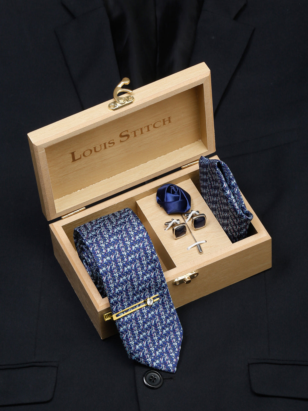 Pigeon Blue Luxury Italian Silk Necktie Set With Pocket Square Cufflinks Brooch Gold Tie pin