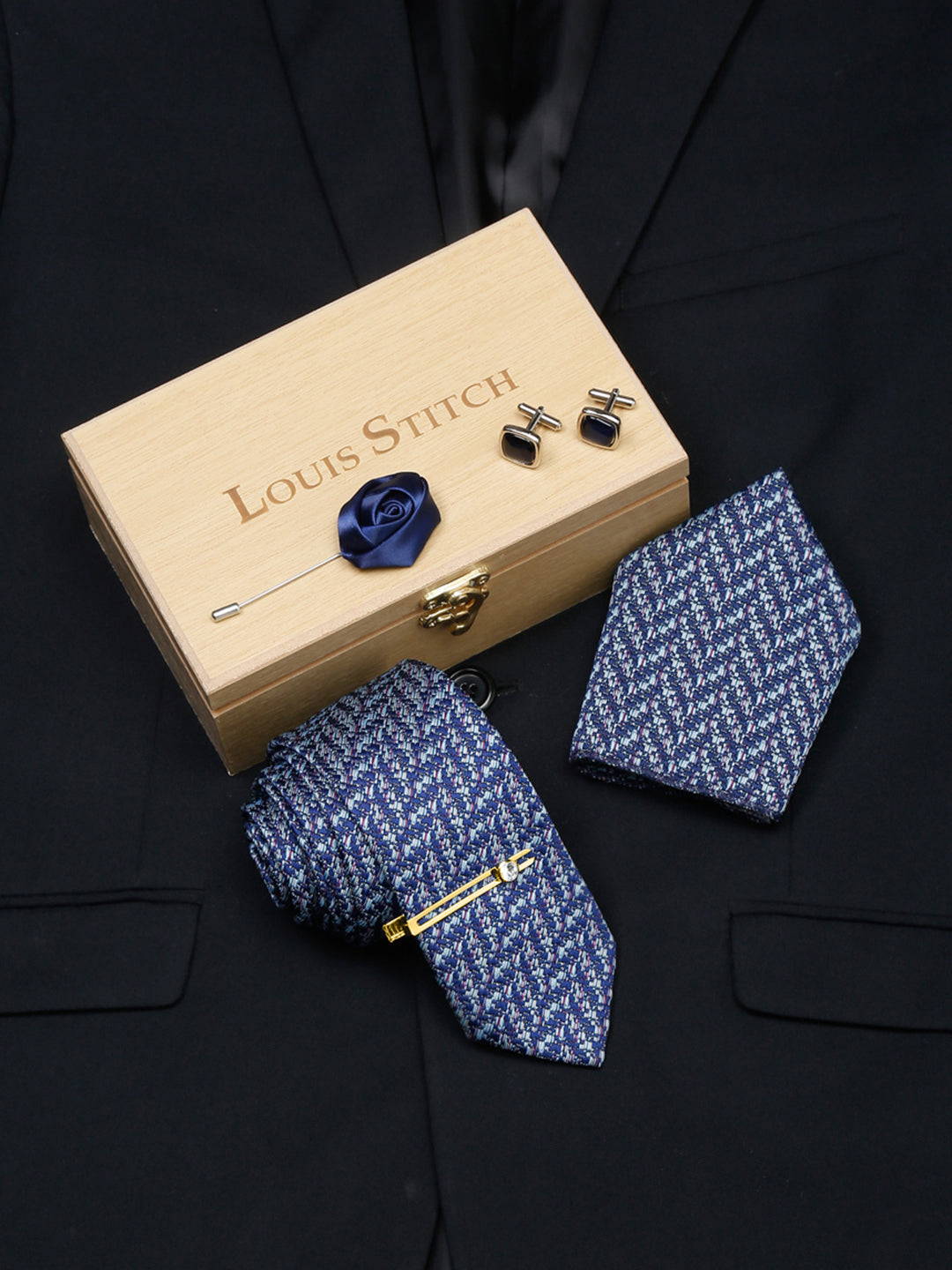 Pigeon Blue Luxury Italian Silk Necktie Set With Pocket Square Cufflinks Brooch Gold Tie pin