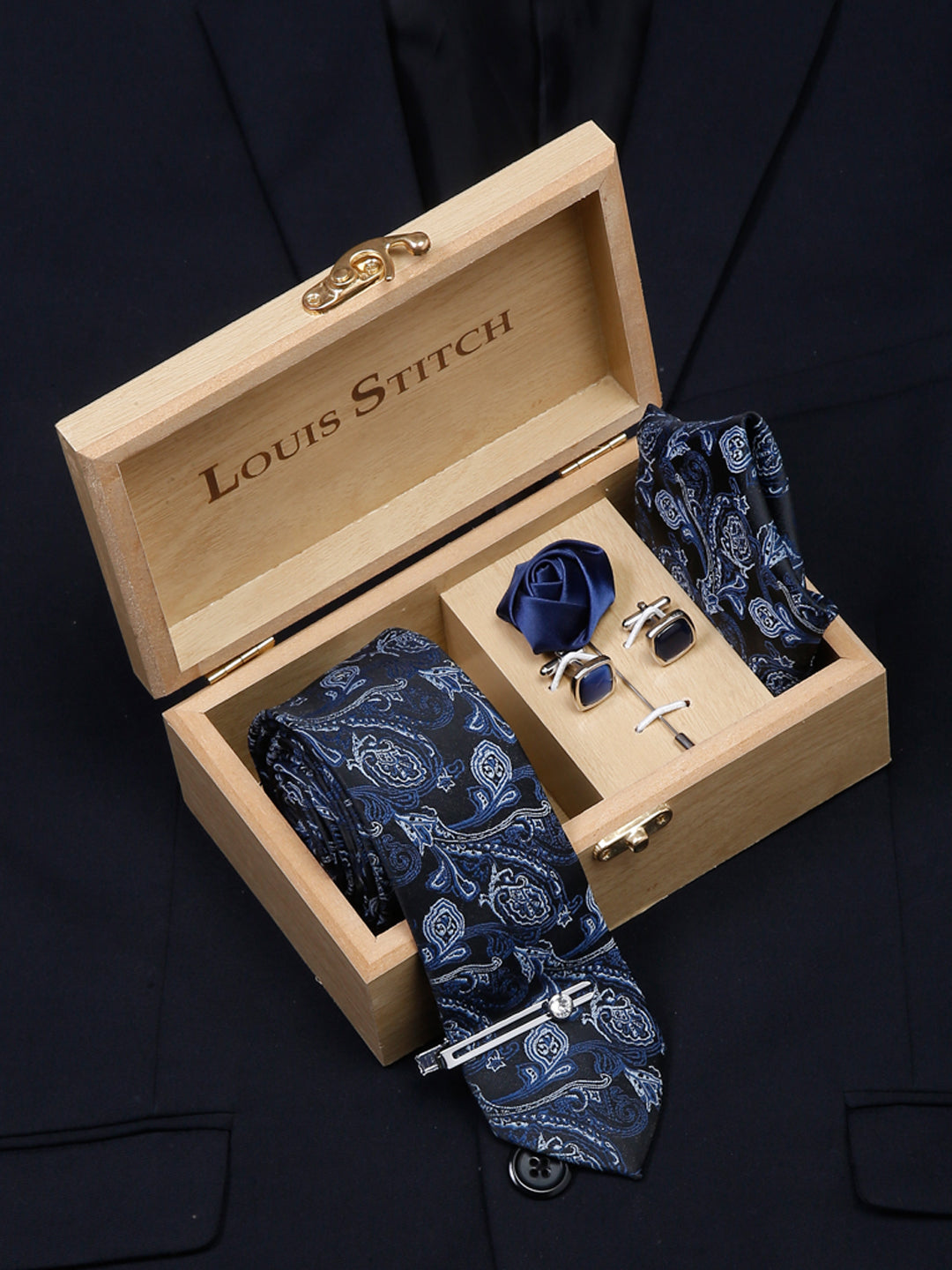 Carolina Blue Luxury Italian Silk Necktie Set With Pocket Square Cufflinks Brooch Chrome Tie pin