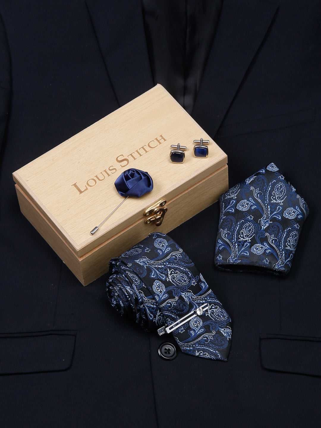 Carolina Blue Luxury Italian Silk Necktie Set With Pocket Square Cufflinks Brooch Chrome Tie pin