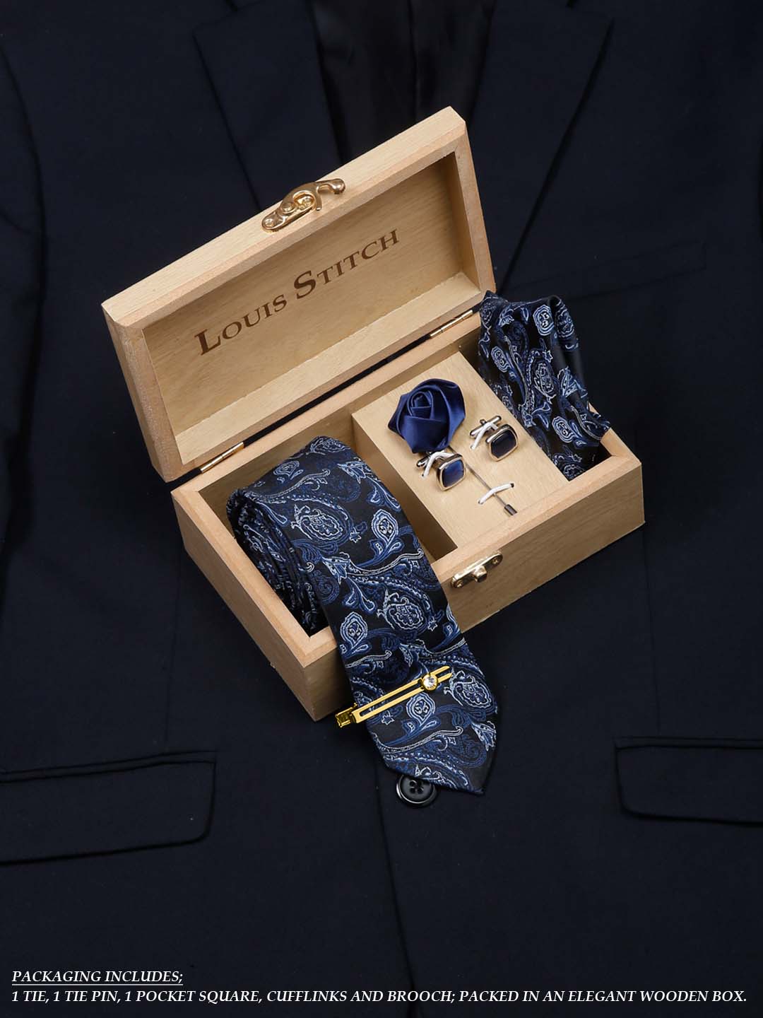 Carolina Blue Luxury Italian Silk Necktie Set With Pocket Square Cufflinks Brooch Gold Tie pin