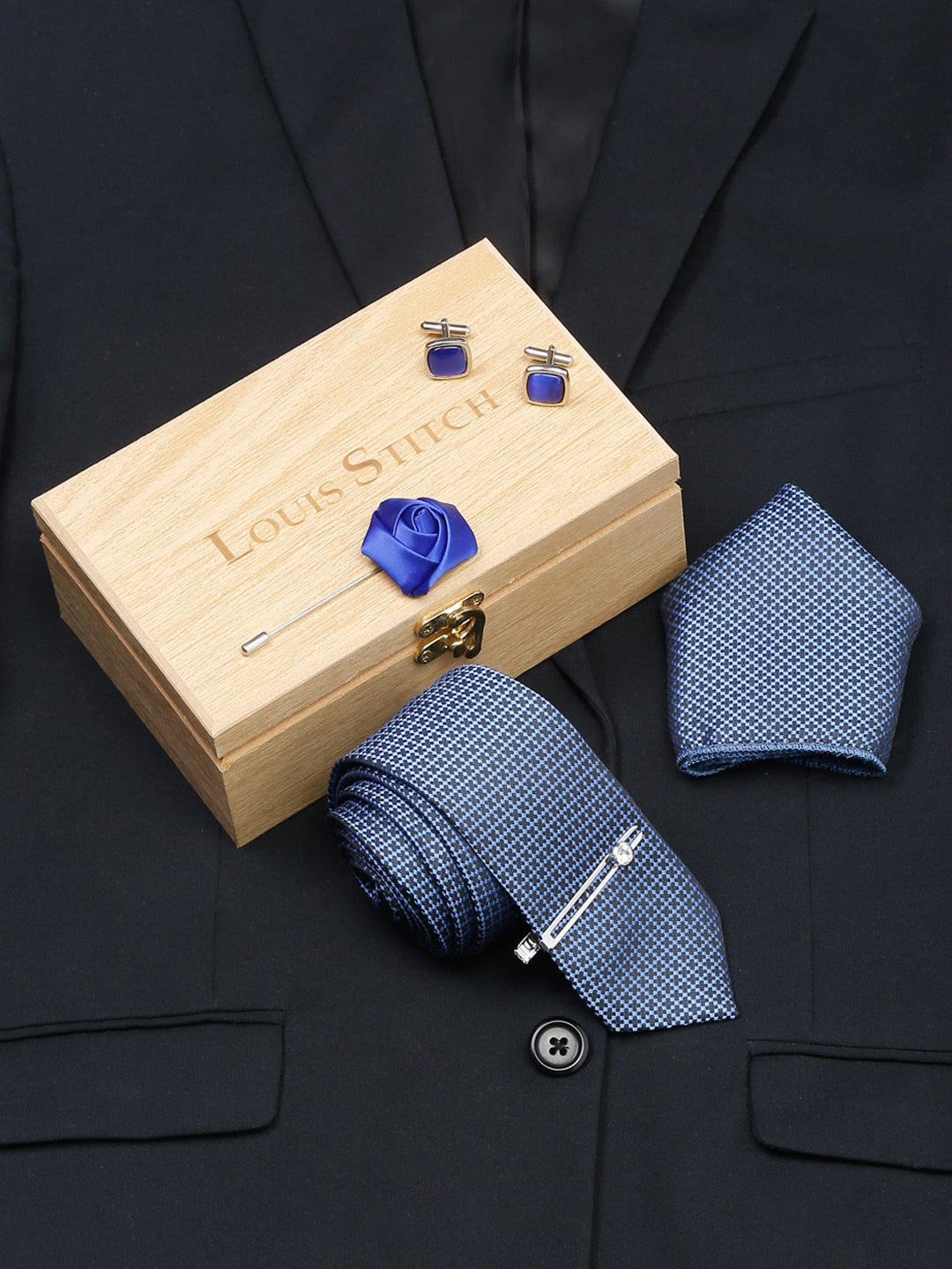Aegean Blue Luxury Italian Silk Necktie Set With Pocket Square Cufflinks Brooch Chrome Tie pin
