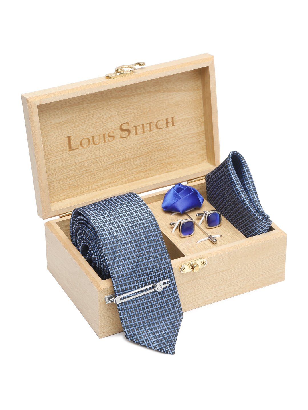 Aegean Blue Luxury Italian Silk Necktie Set With Pocket Square Cufflinks Brooch Chrome Tie pin