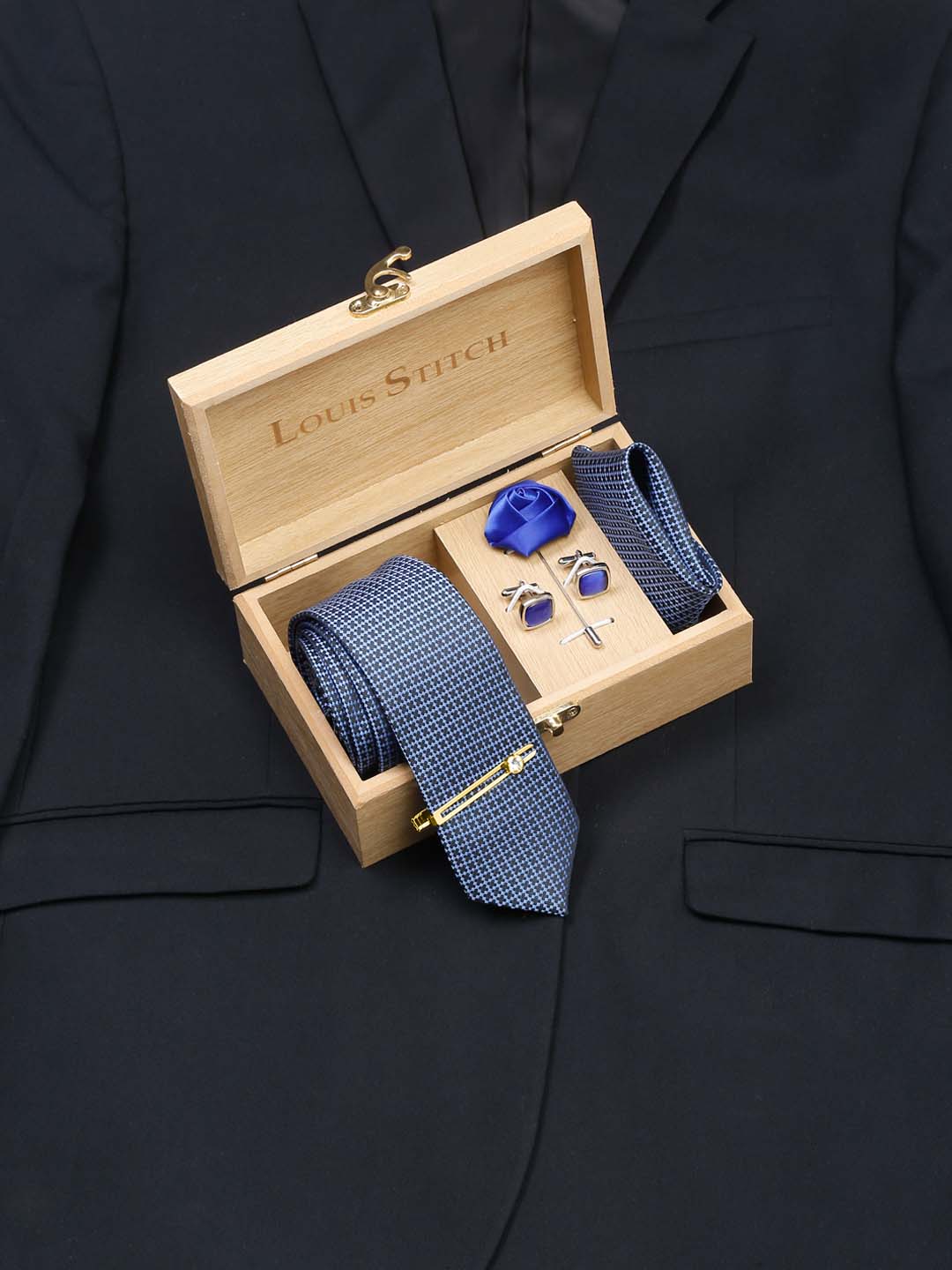 Aegean Blue Luxury Italian Silk Necktie Set With Pocket Square Cufflinks Brooch Gold Tie pin