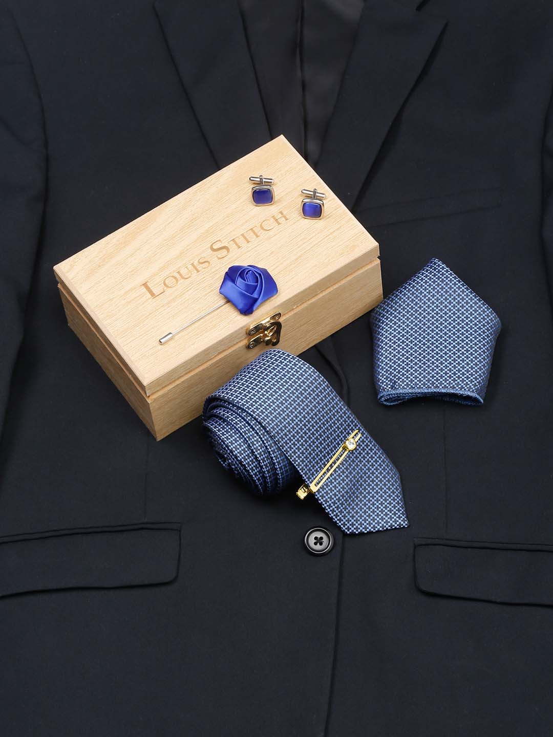 Aegean Blue Luxury Italian Silk Necktie Set With Pocket Square Cufflinks Brooch Gold Tie pin