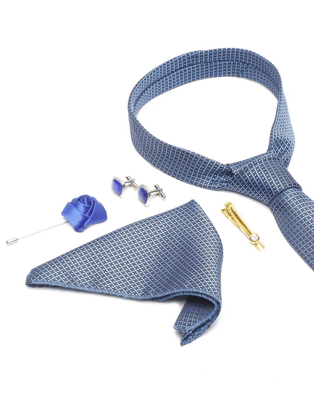 Aegean Blue Luxury Italian Silk Necktie Set With Pocket Square Cufflinks Brooch Gold Tie pin