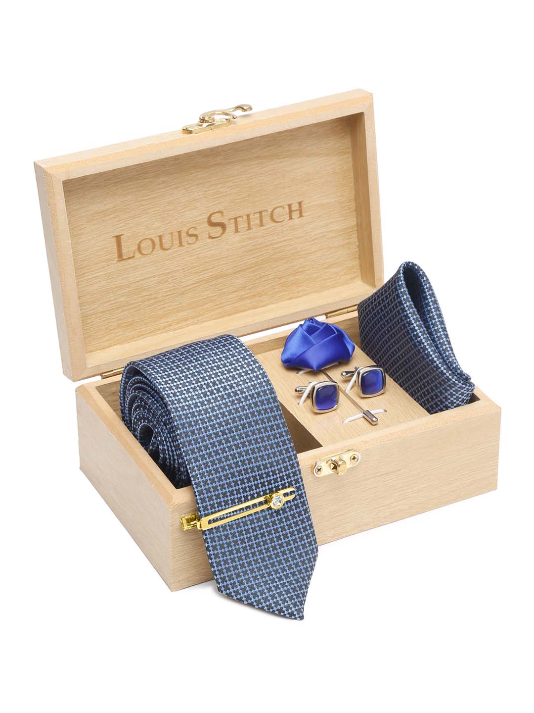 Aegean Blue Luxury Italian Silk Necktie Set With Pocket Square Cufflinks Brooch Gold Tie pin