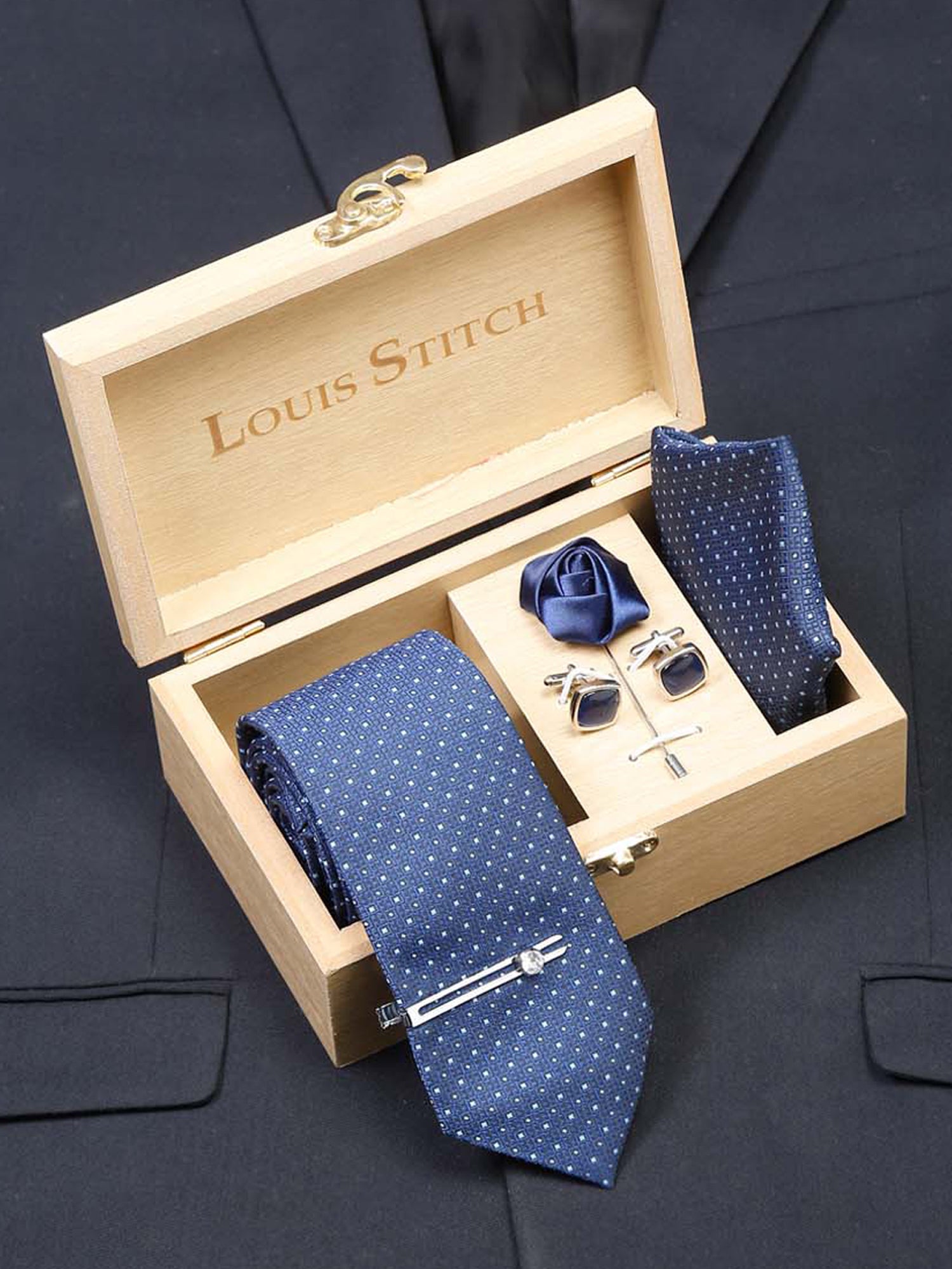 Midnight Blue Luxury Italian Silk Necktie Set With Pocket Square Cufflinks Brooch Chrome Tie pin