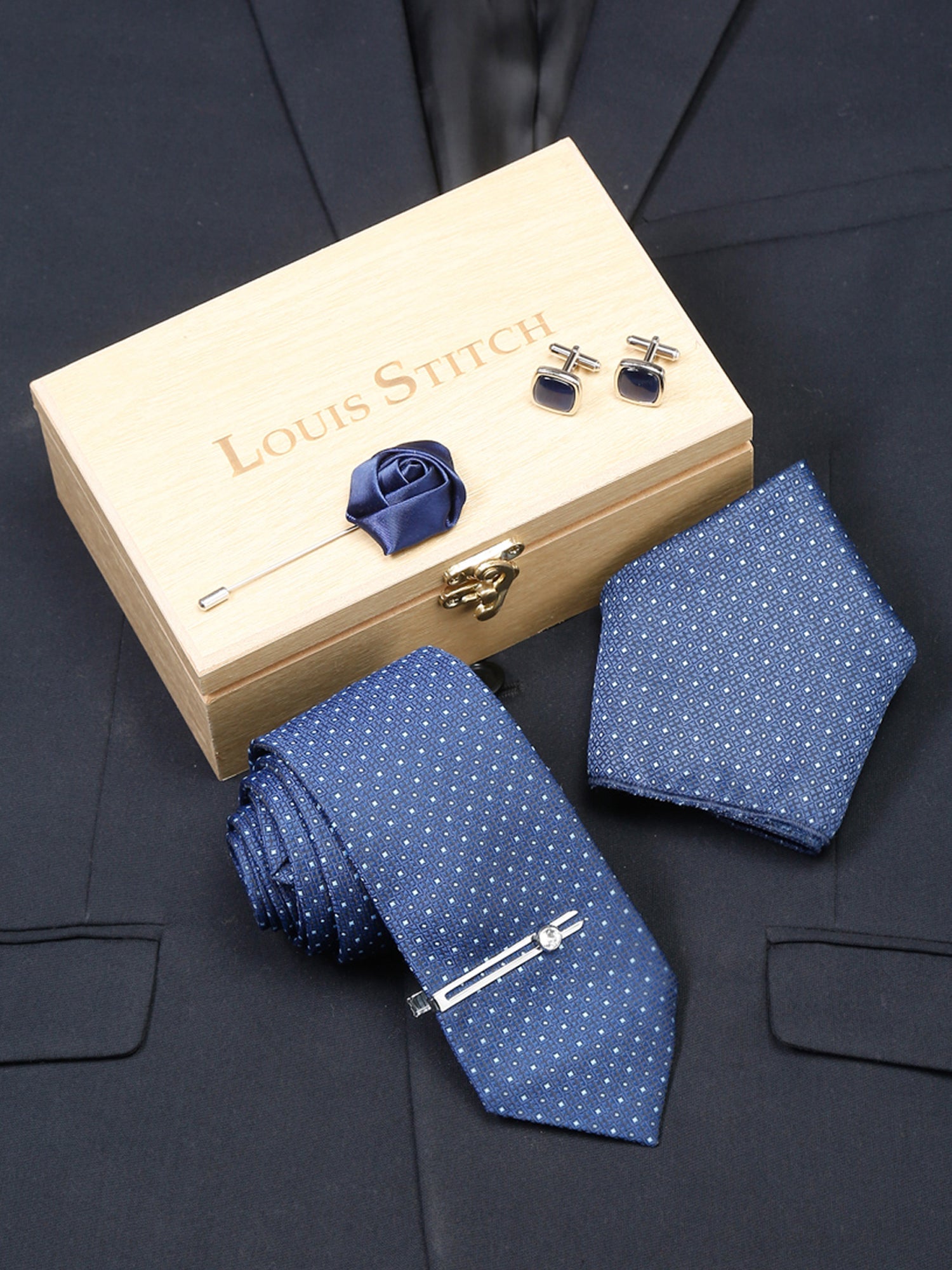 Midnight Blue Luxury Italian Silk Necktie Set With Pocket Square Cufflinks Brooch Chrome Tie pin