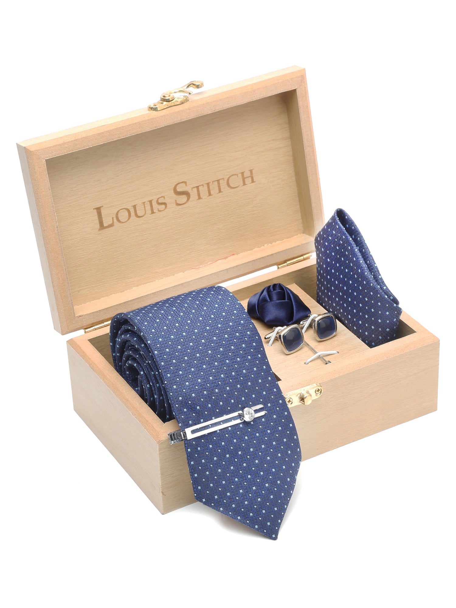 Midnight Blue Luxury Italian Silk Necktie Set With Pocket Square Cufflinks Brooch Chrome Tie pin