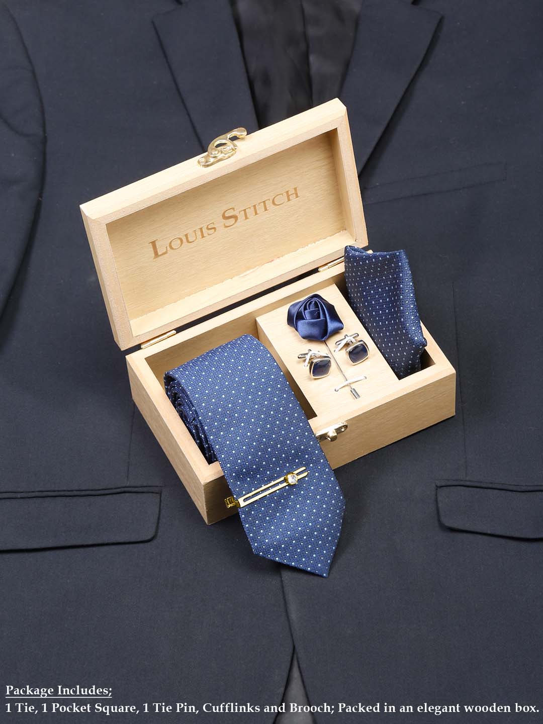 Midnight Blue Luxury Italian Silk Necktie Set With Pocket Square Cufflinks Brooch Gold Tie pin