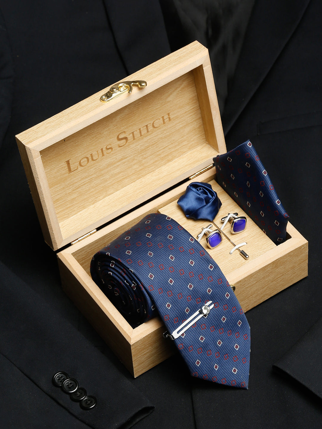 Navy Blue Luxury Italian Silk Necktie Set With Pocket Square Cufflinks Brooch Chrome Tie pin