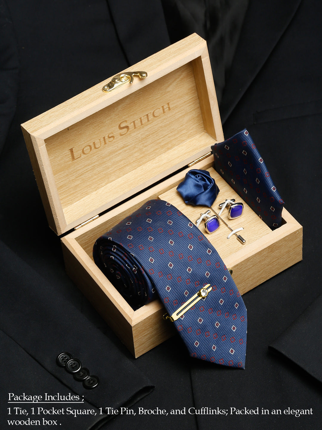Navy Blue Luxury Italian Silk Necktie Set With Pocket Square Cufflinks Brooch Gold Tie pin