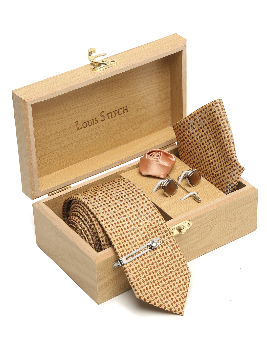 Cream Dotted Luxury Italian Silk Necktie Set With Pocket Square Cufflinks Brooch Chrome Tie pin