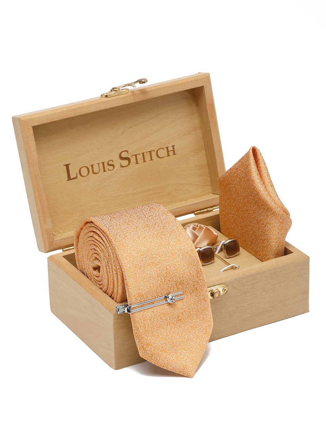 Cream Luxury Italian Silk Necktie Set With Pocket Square Cufflinks Brooch Chrome Tie pin
