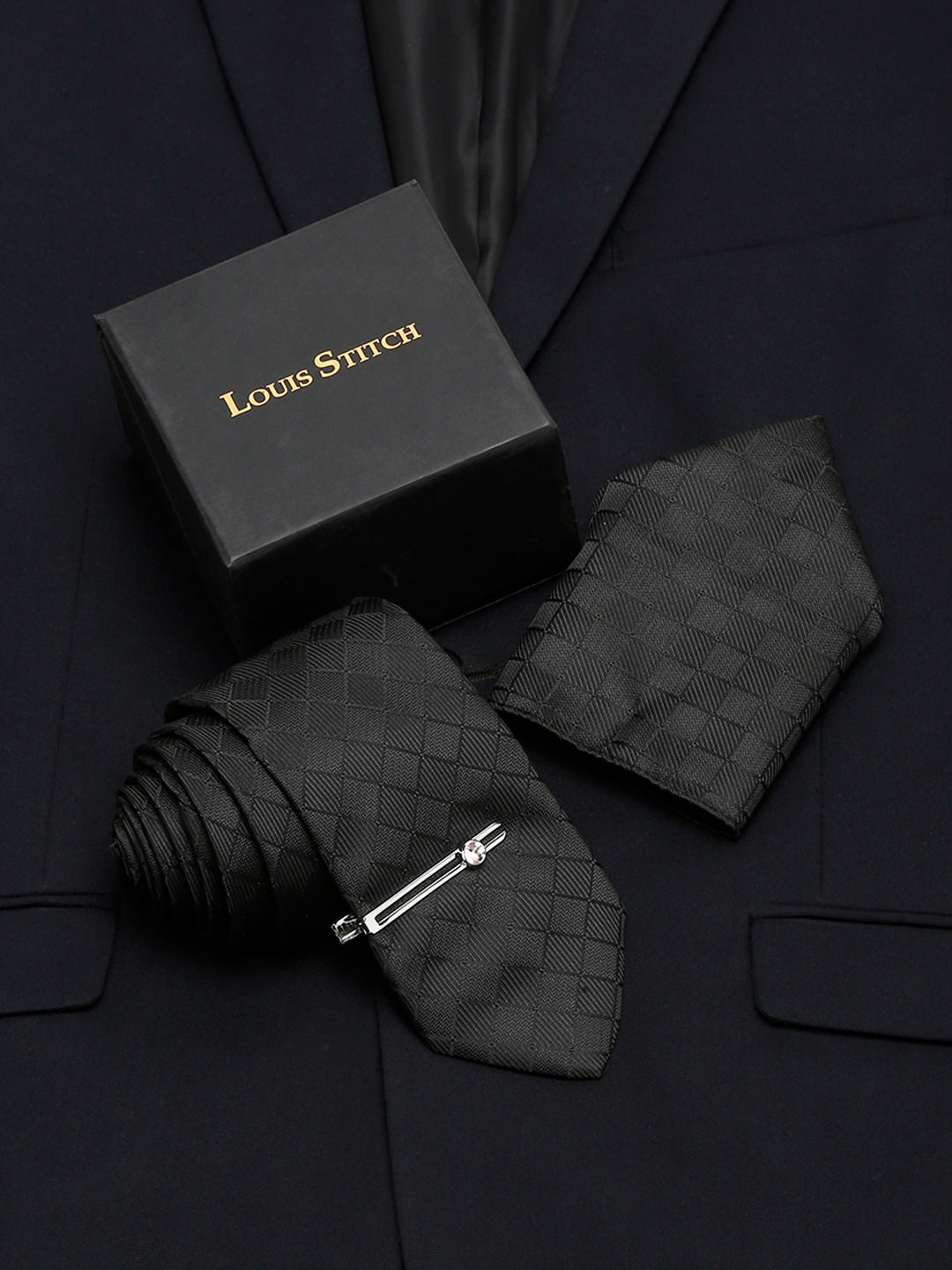 Sable Black Italian Silk Necktie Set Pocket Square Chrome Tiepin