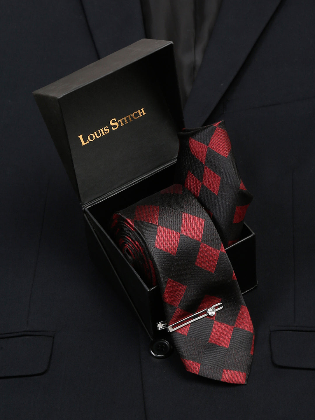 Black and Red Italian Silk Necktie Set Pocket Square Chrome Tiepin