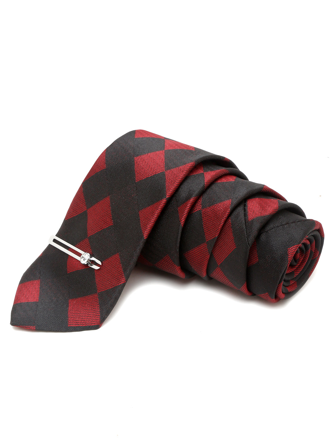 Black and Red Italian Silk Necktie Set Pocket Square Chrome Tiepin
