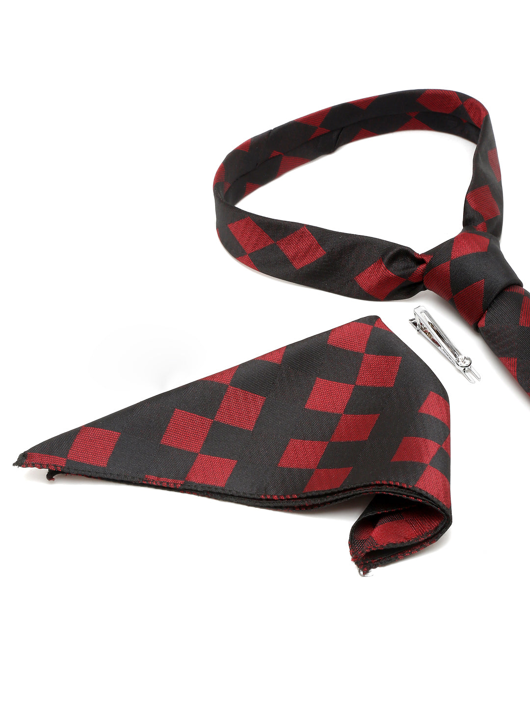 Black and Red Italian Silk Necktie Set Pocket Square Chrome Tiepin
