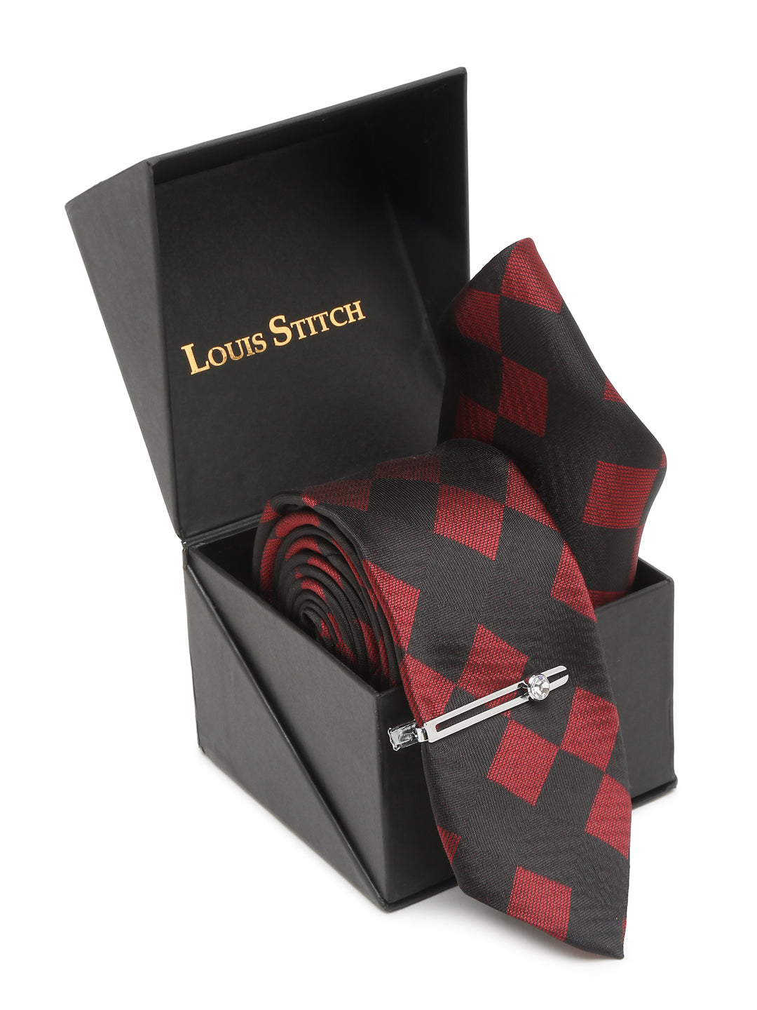 Black and Red Italian Silk Necktie Set Pocket Square Chrome Tiepin