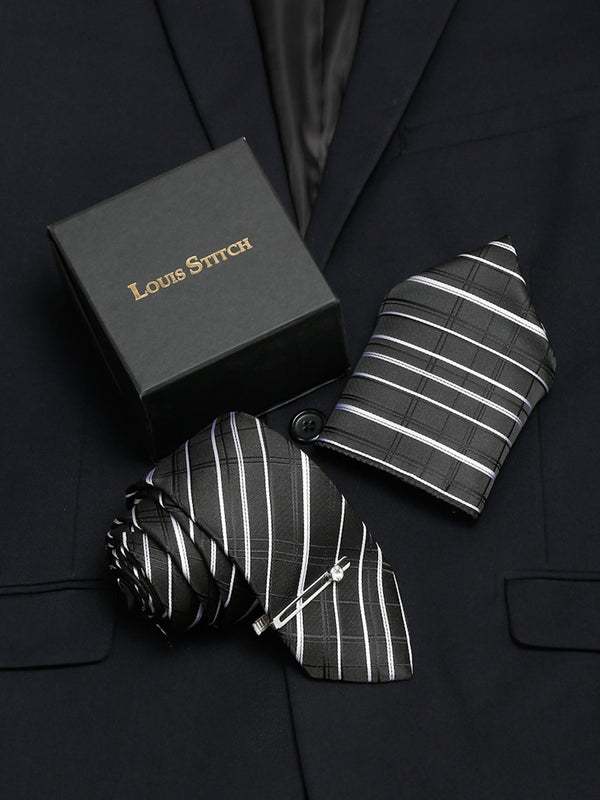  Checkered Black and White Italian Silk Necktie Set Pocket Square Chrome Tiepin