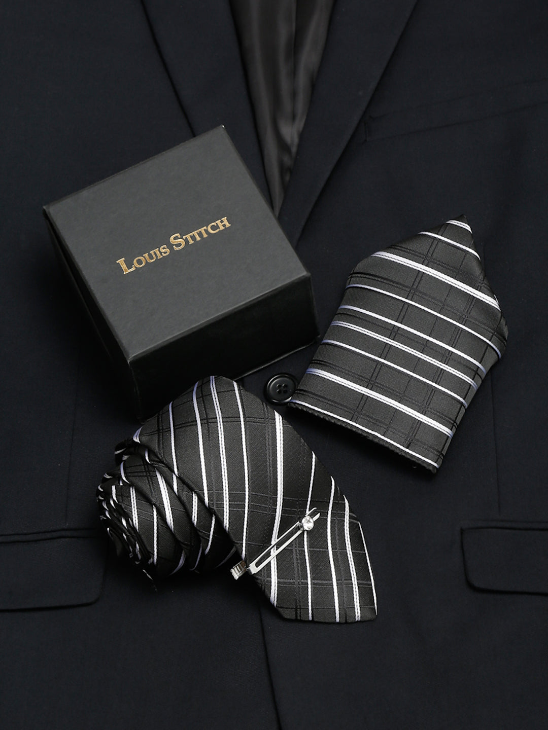Checkered Black and White Italian Silk Necktie Set Pocket Square Chrome Tiepin