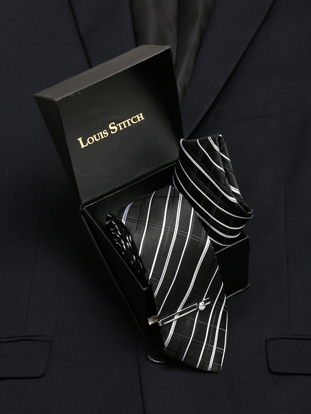 Checkered Black and White Italian Silk Necktie Set Pocket Square Chrome Tiepin