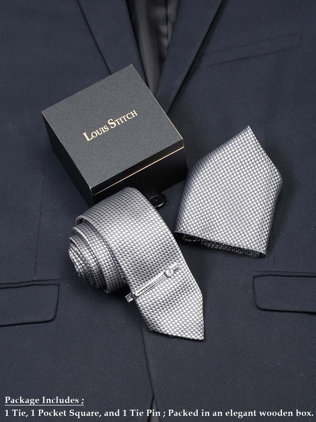 Checkered Black Luxury Italian Silk Necktie Set With Pocket Square Chrome Tie pin