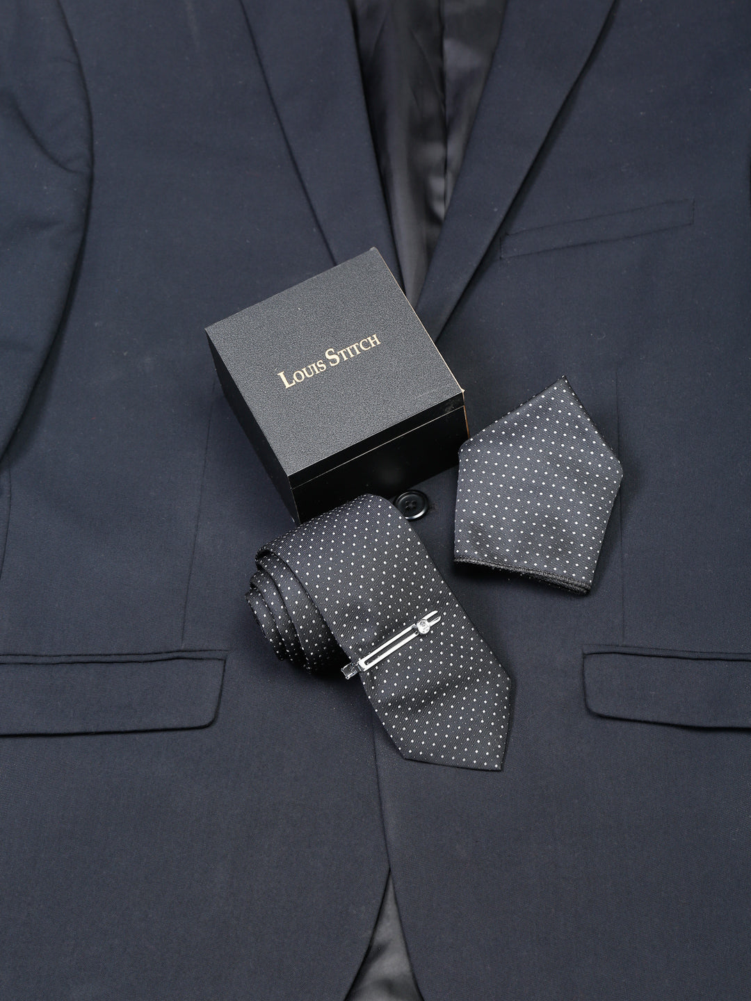 Polka Black Luxury Italian Silk Necktie Set With Pocket Square Chrome Tie pin