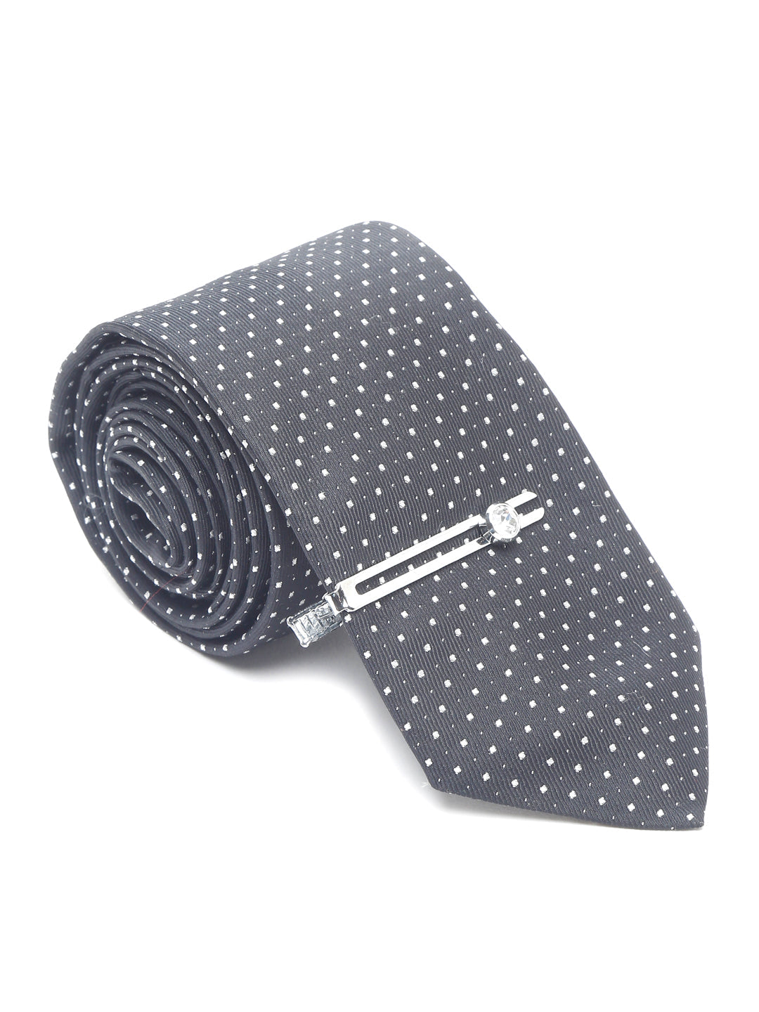 Polka Black Luxury Italian Silk Necktie Set With Pocket Square Chrome Tie pin