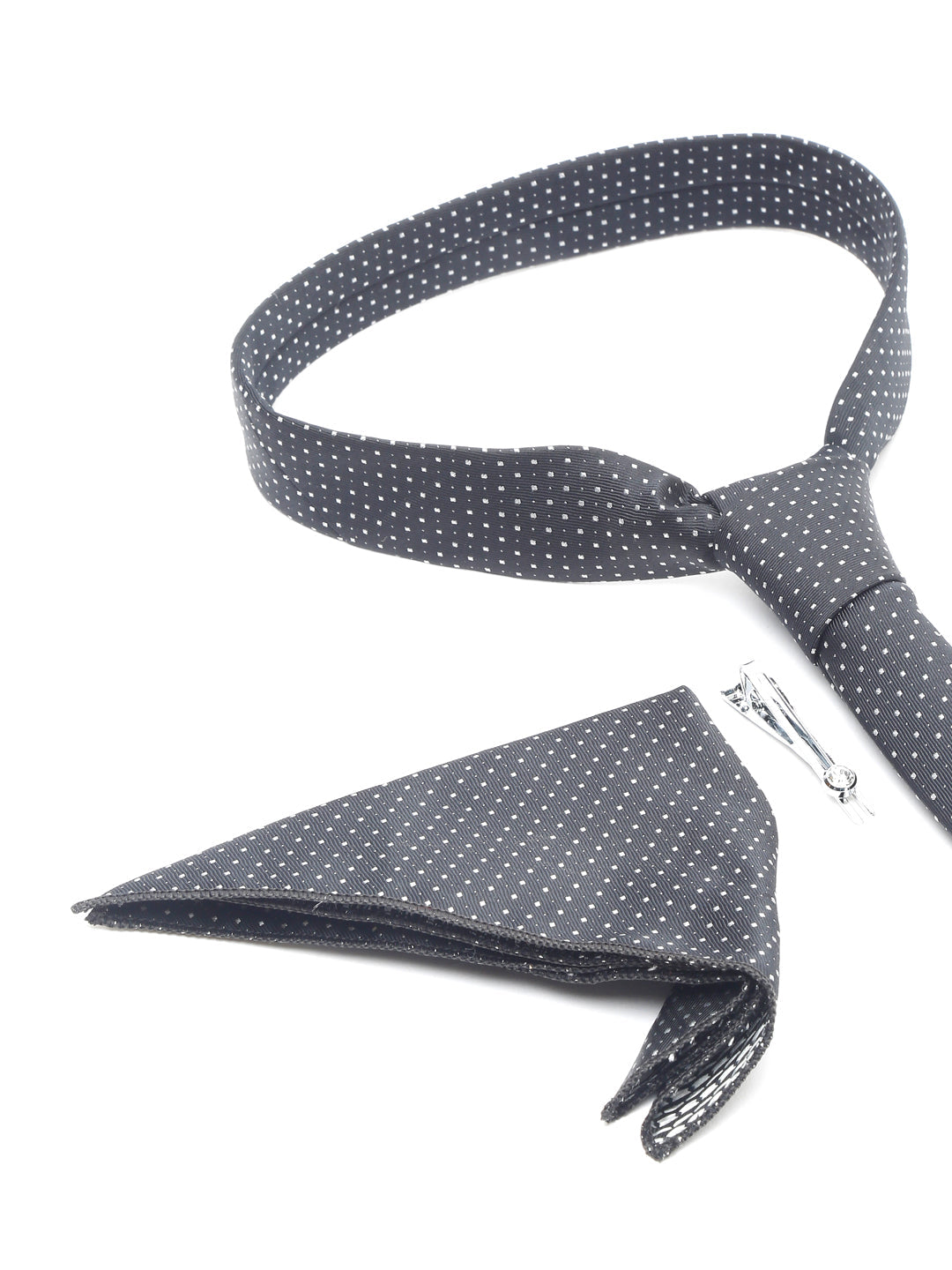 Polka Black Luxury Italian Silk Necktie Set With Pocket Square Chrome Tie pin