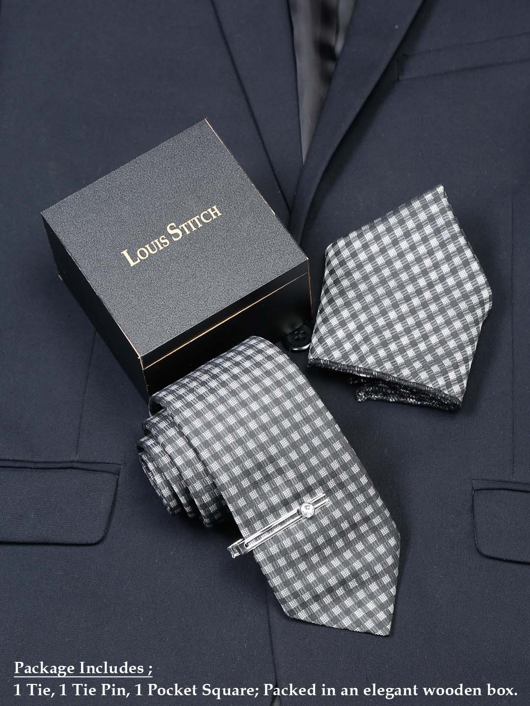 Checkerd Black Luxury Italian Silk Necktie Set With Pocket Square Chrome Tie pin