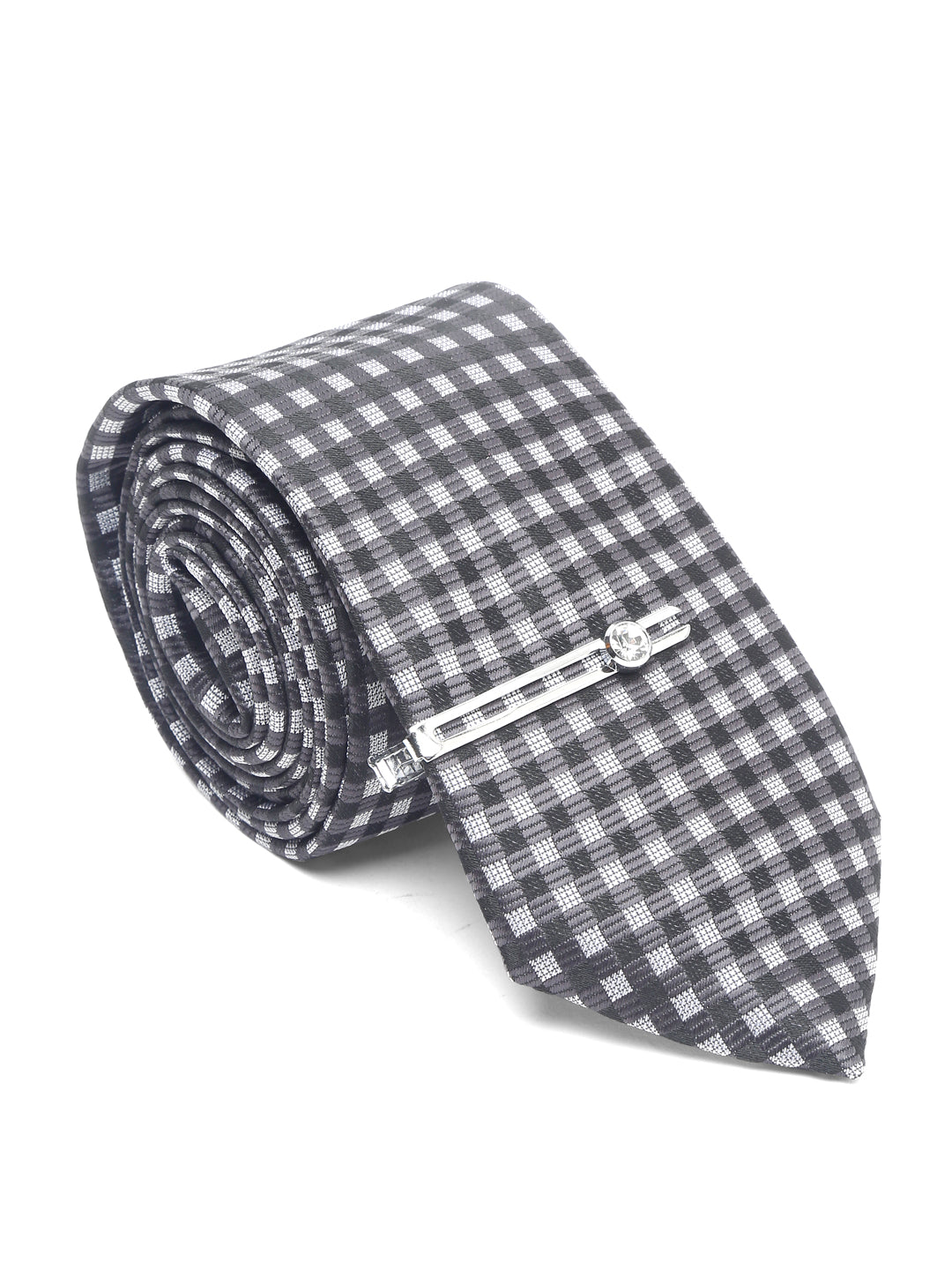 Checkerd Black Luxury Italian Silk Necktie Set With Pocket Square Chrome Tie pin