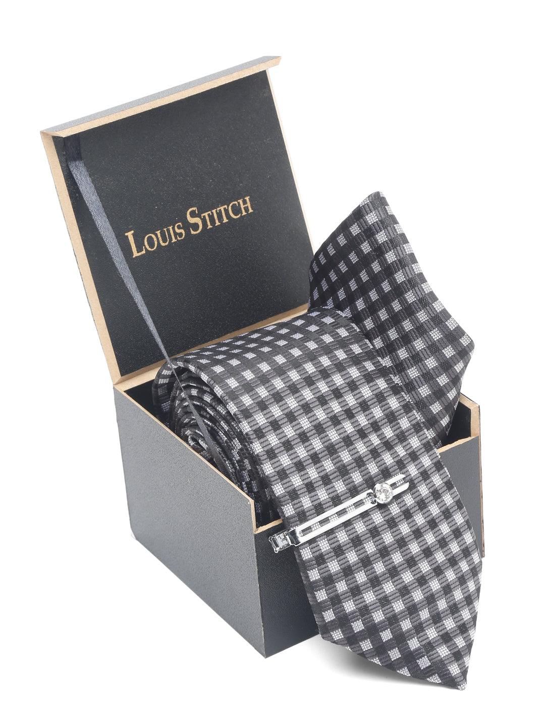 Checkerd Black Luxury Italian Silk Necktie Set With Pocket Square Chrome Tie pin