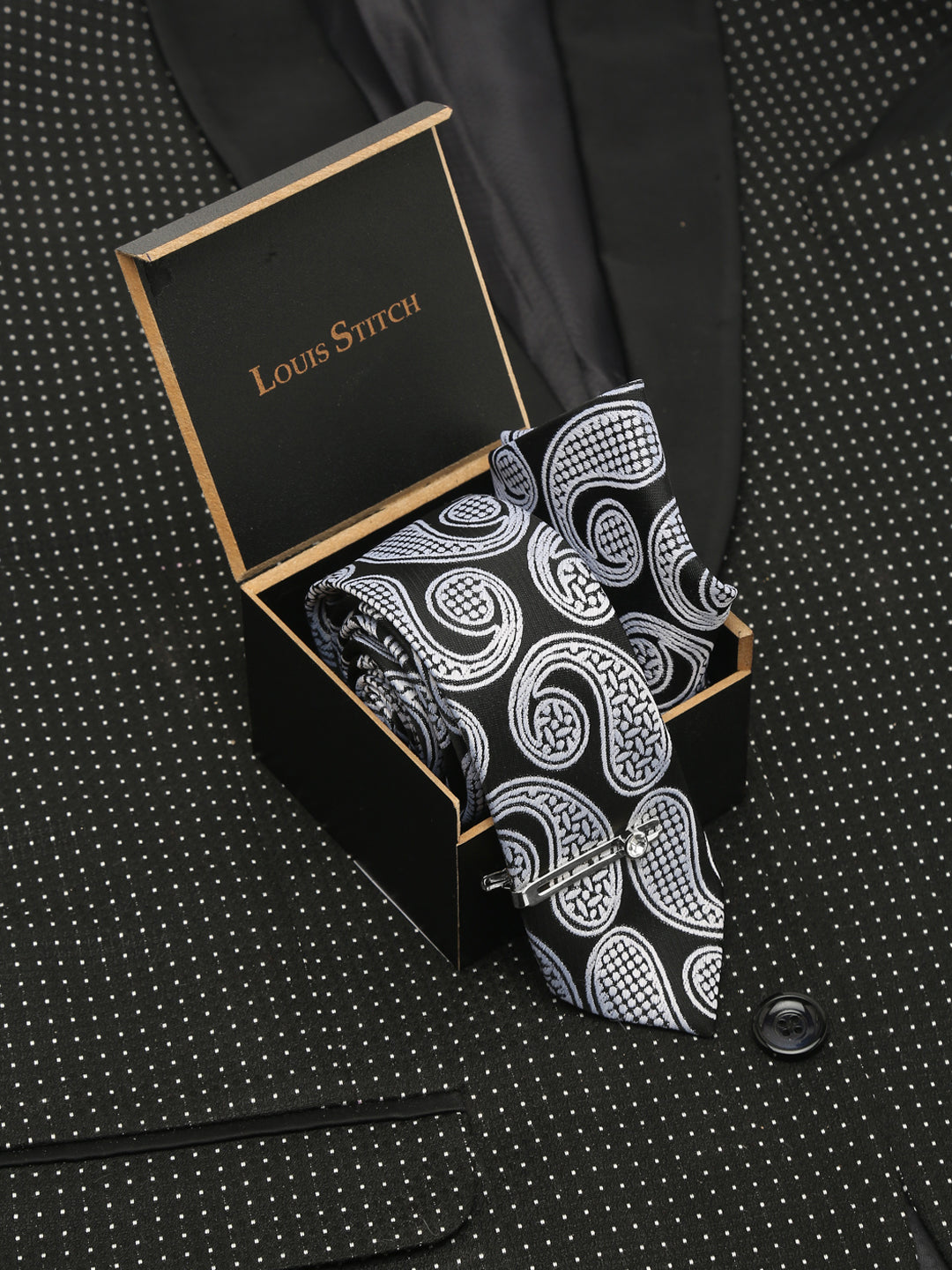 Midnight Black Luxury Italian Silk Necktie Set With Pocket Square Chrome Tie pin