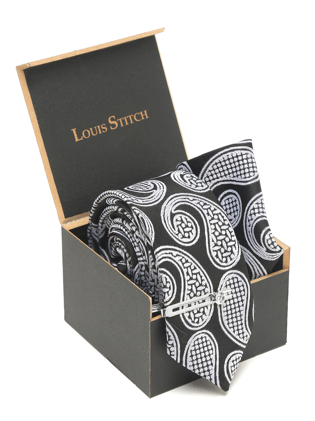 Midnight Black Luxury Italian Silk Necktie Set With Pocket Square Chrome Tie pin