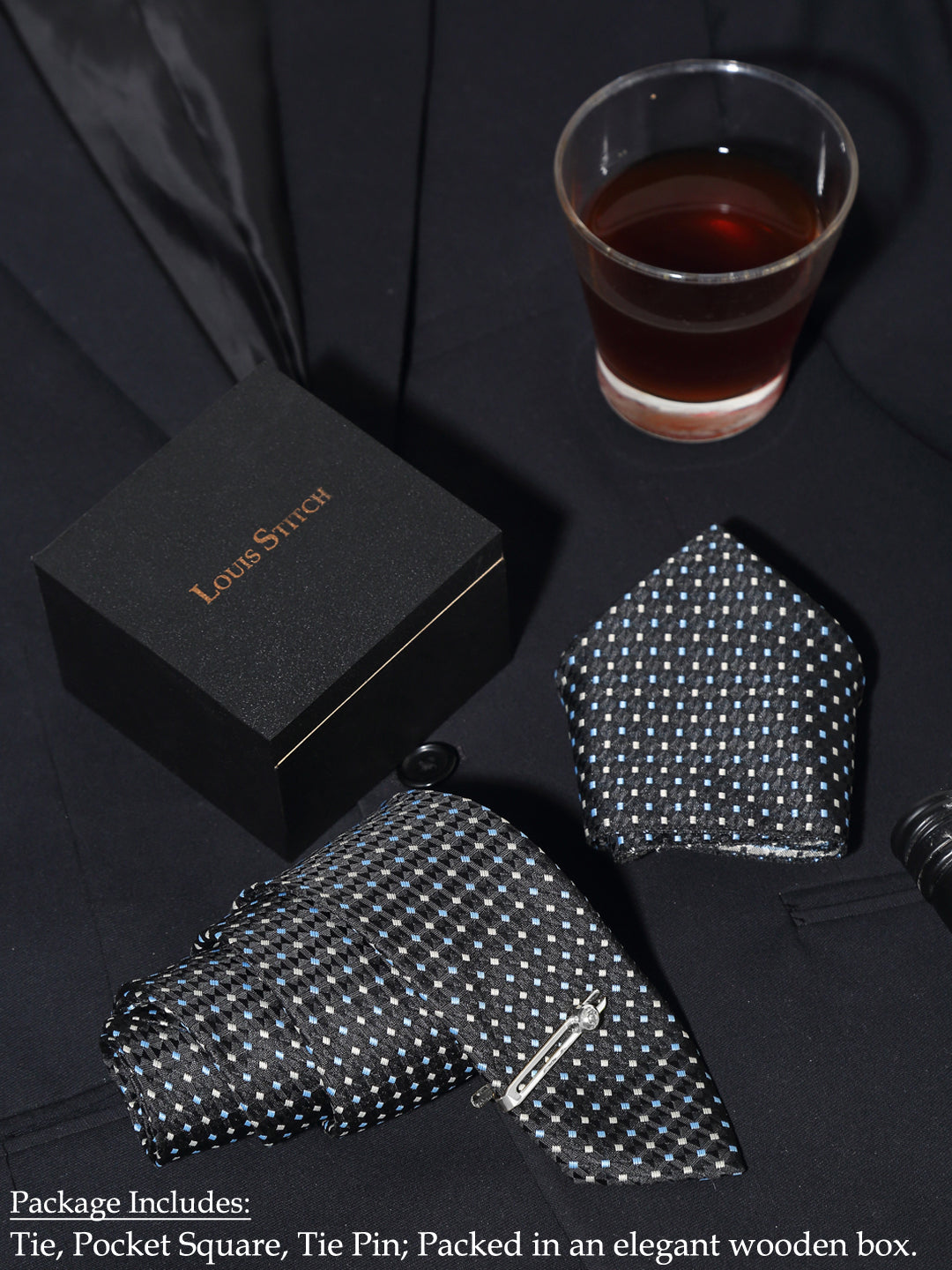 Polkia Dotted Black Luxury Italian Silk Necktie Set With Pocket Square Chrome Tie pin