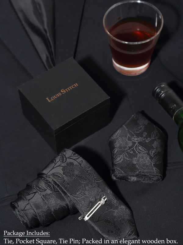  Floral Black Luxury Italian Silk Necktie Set With Pocket Square Chrome Tie pin