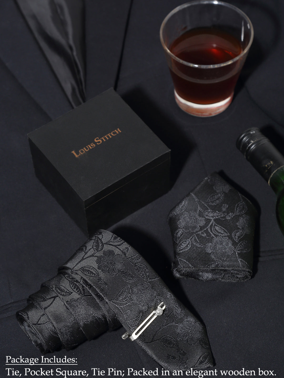Floral Black Luxury Italian Silk Necktie Set With Pocket Square Chrome Tie pin