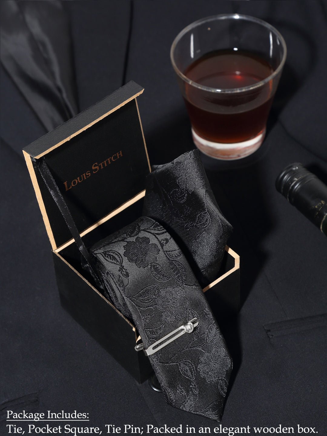 Floral Black Luxury Italian Silk Necktie Set With Pocket Square Chrome Tie pin