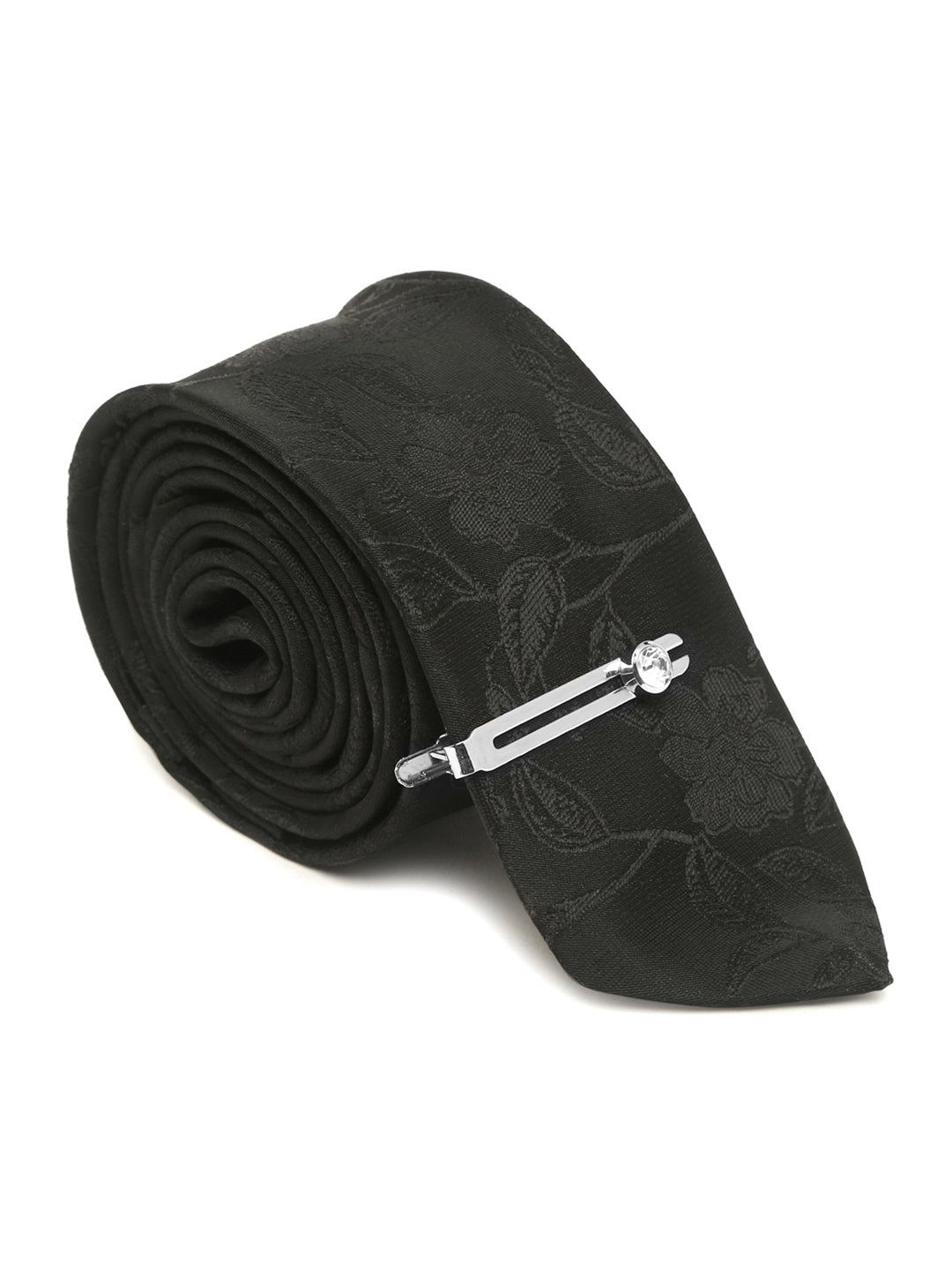 Floral Black Luxury Italian Silk Necktie Set With Pocket Square Chrome Tie pin